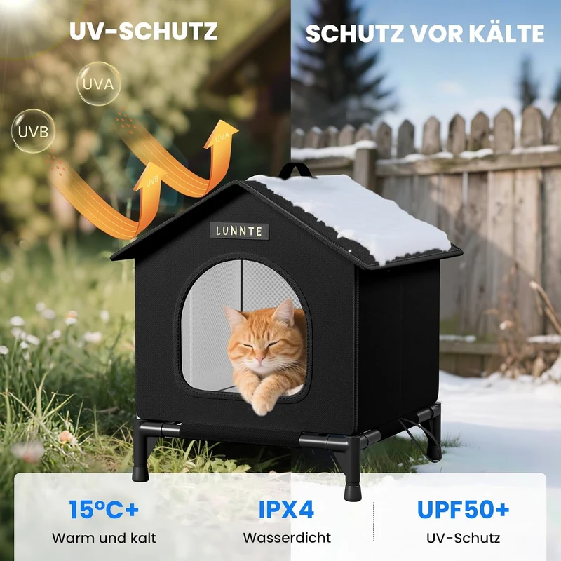 Wasserdichtes Outdoor Katzenhaus, Robustes 4-Jahreszeiten Katzenhäuschen mit erhöhtem Stand, Wetterf