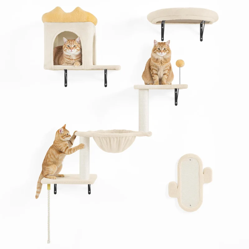 Yaheetech Kletterwand Katzen Wandelemente mit Katzenhaus & Korb beige Beige 49 cm L × 30 cm B × 40 c