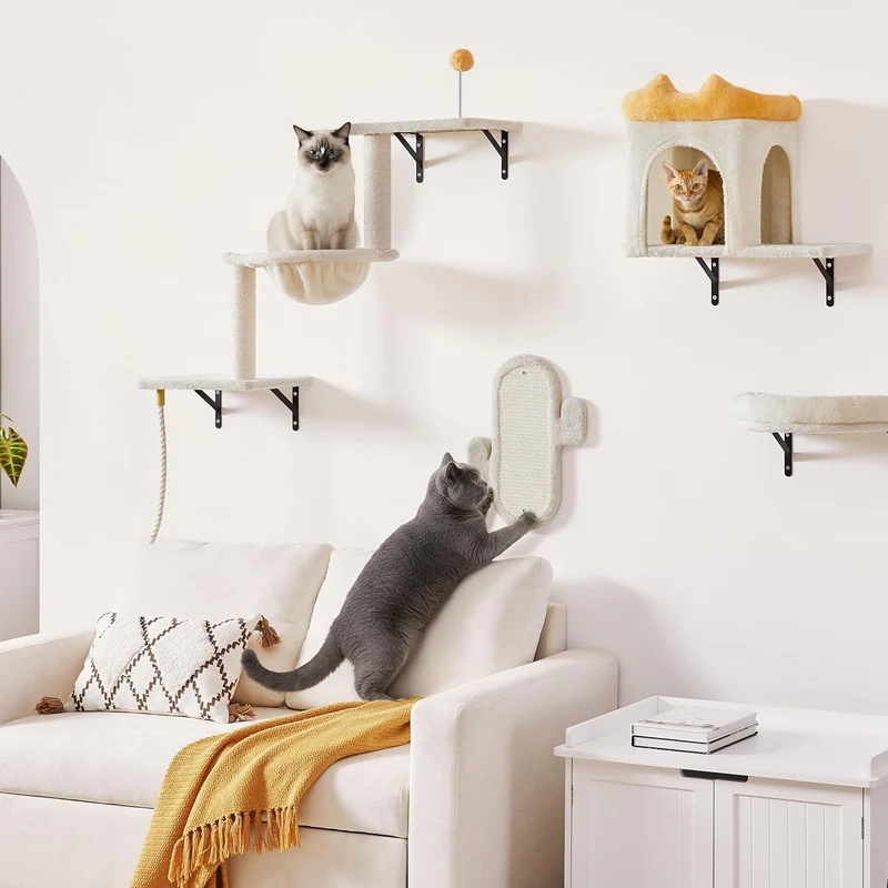 Yaheetech Kletterwand Katzen Wandelemente mit Katzenhaus & Korb beige Beige 49 cm L × 30 cm B × 40 c