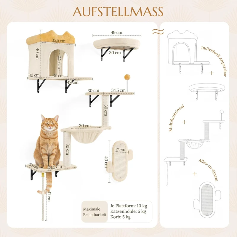 Yaheetech Kletterwand Katzen Wandelemente mit Katzenhaus & Korb beige Beige 49 cm L × 30 cm B × 40 c