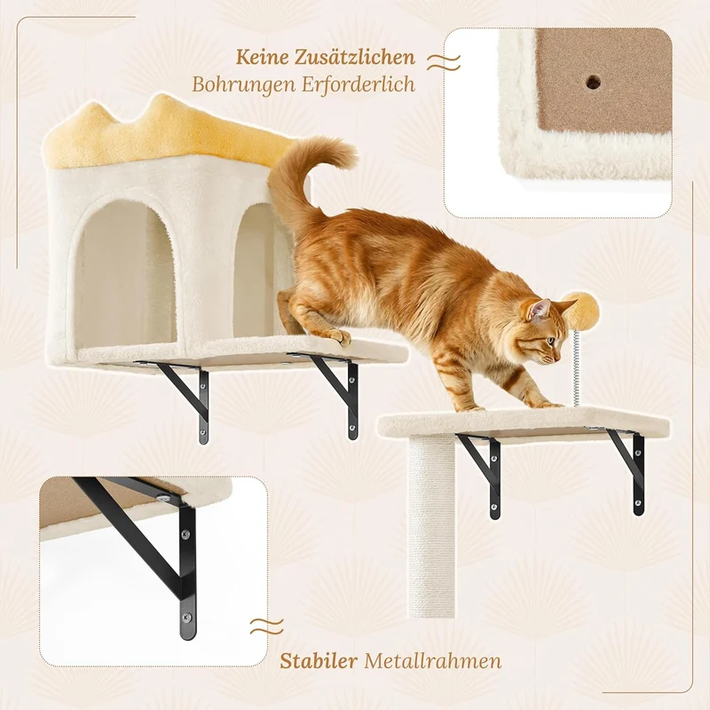 Yaheetech Kletterwand Katzen Wandelemente mit Katzenhaus & Korb beige Beige 49 cm L × 30 cm B × 40 c
