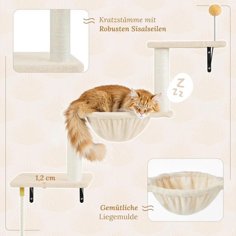 Yaheetech Kletterwand Katzen Wandelemente mit Katzenhaus & Korb beige Beige 49 cm L × 30 cm B × 40 c