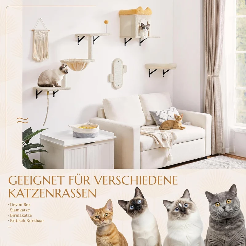 Yaheetech Kletterwand Katzen Wandelemente mit Katzenhaus & Korb beige Beige 49 cm L × 30 cm B × 40 c