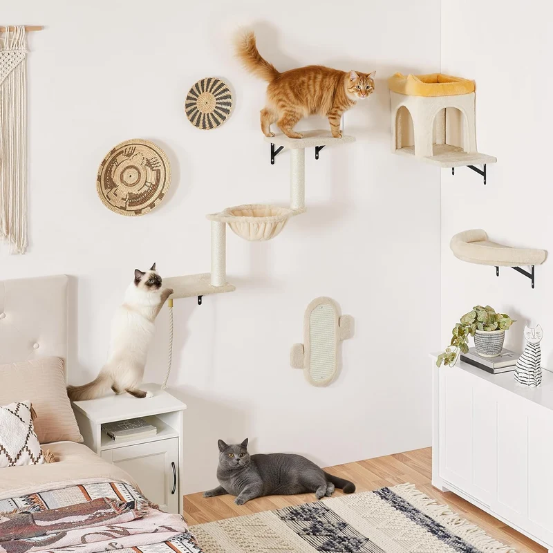 Yaheetech Kletterwand Katzen Wandelemente mit Katzenhaus & Korb beige Beige 49 cm L × 30 cm B × 40 c
