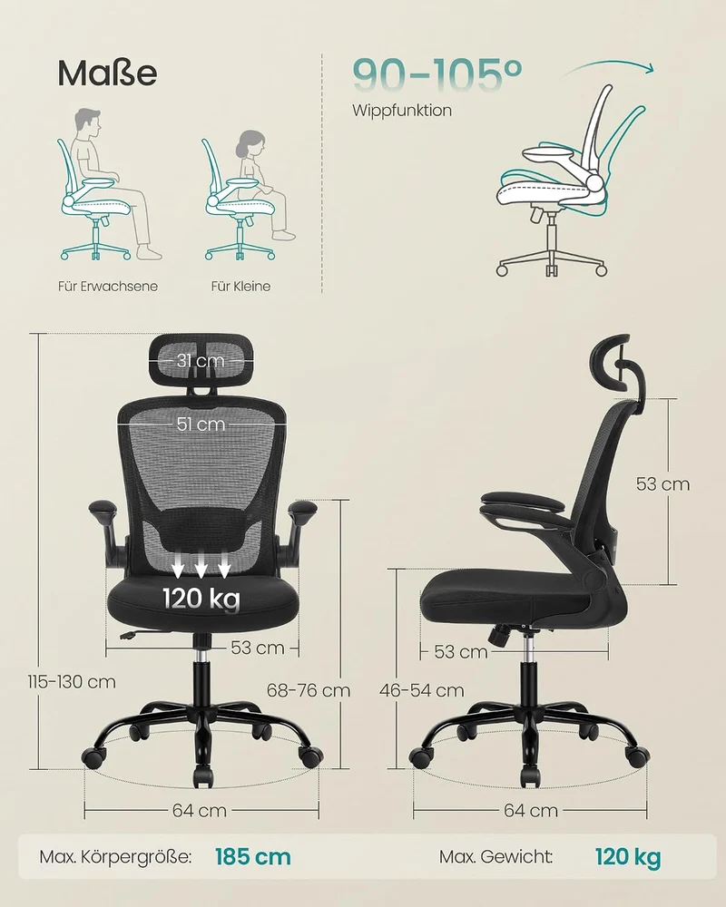 SONGMICS Bürostuhl ergonomisch, Drehstuhl mit Mesh, Lenden- und Kopfstütze, Wippfunktion, inklusive