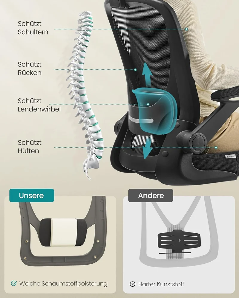 SONGMICS Bürostuhl ergonomisch, Drehstuhl mit Mesh, Lenden- und Kopfstütze, Wippfunktion, inklusive