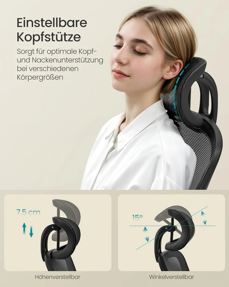 SONGMICS Bürostuhl ergonomisch, Drehstuhl mit Mesh, Lenden- und Kopfstütze, Wippfunktion, inklusive