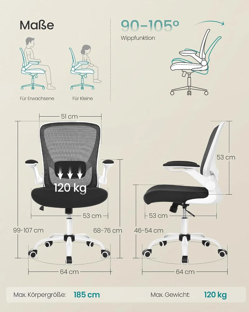 SONGMICS Bürostuhl ergonomisch, Drehstuhl mit Mesh, Lenden- und Kopfstütze, Wippfunktion, inklusive