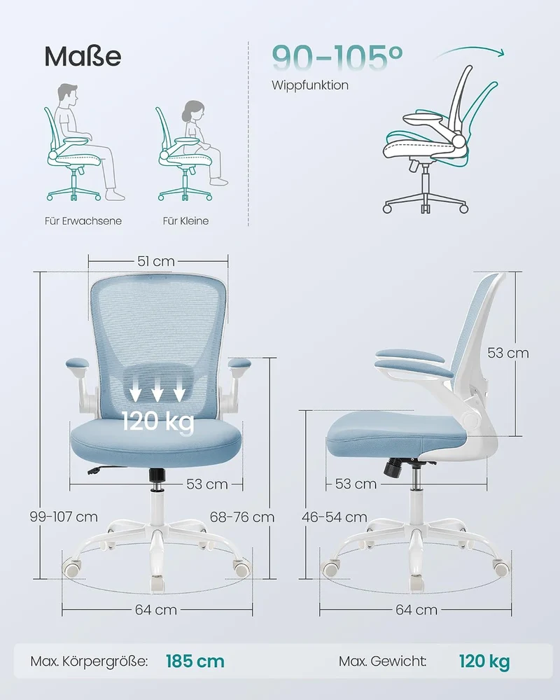 SONGMICS Bürostuhl ergonomisch, Drehstuhl mit Mesh, Lenden- und Kopfstütze, Wippfunktion, inklusive