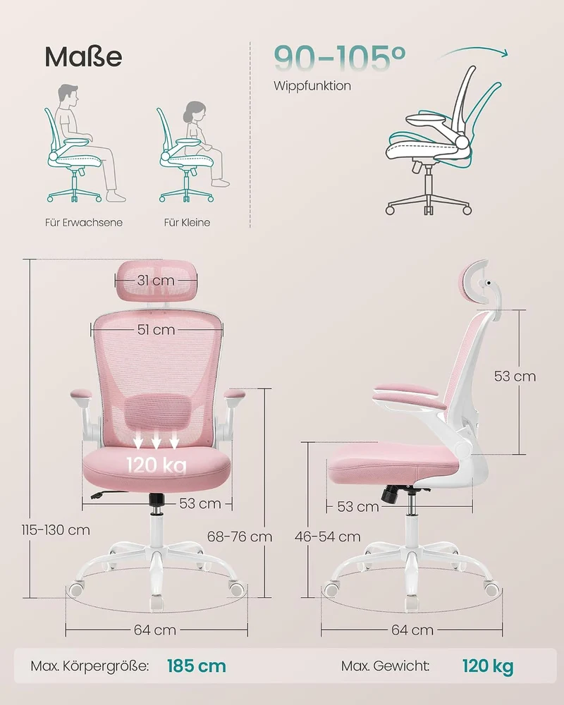 SONGMICS Bürostuhl ergonomisch, Drehstuhl mit Mesh, Lenden- und Kopfstütze, Wippfunktion, inklusive