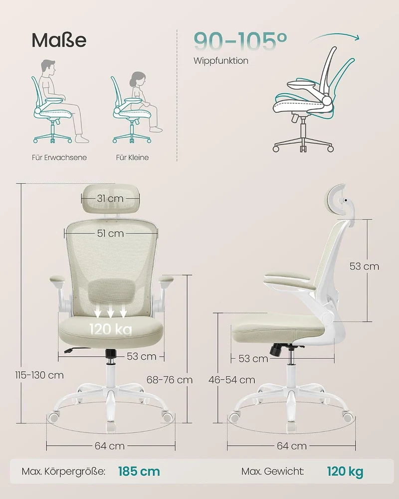 SONGMICS Bürostuhl ergonomisch, Drehstuhl mit Mesh, Lenden- und Kopfstütze, Wippfunktion, inklusive