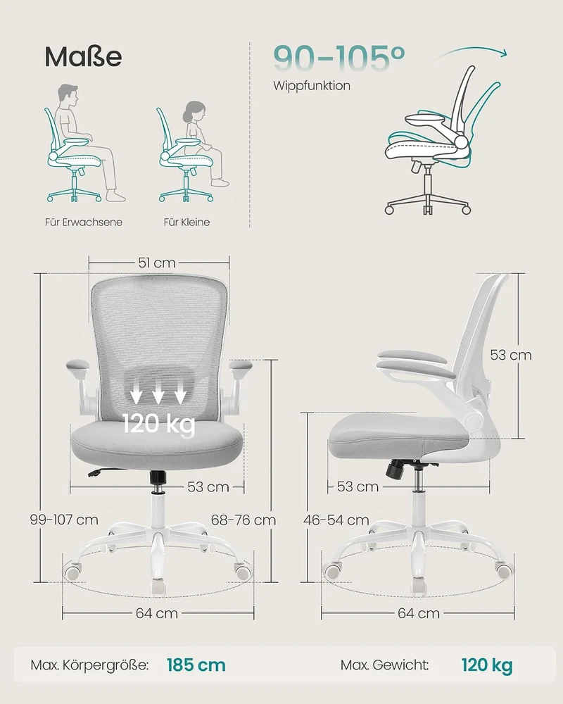 SONGMICS Bürostuhl ergonomisch, Drehstuhl mit Mesh, Lenden- und Kopfstütze, Wippfunktion, inklusive