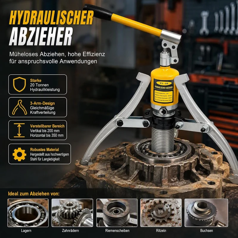 20T Hydraulik Abzieher, Max 19.5CM Reichweite 3 Backen Hydraulischer Lagerabzieher 360° Drehbarer Gr