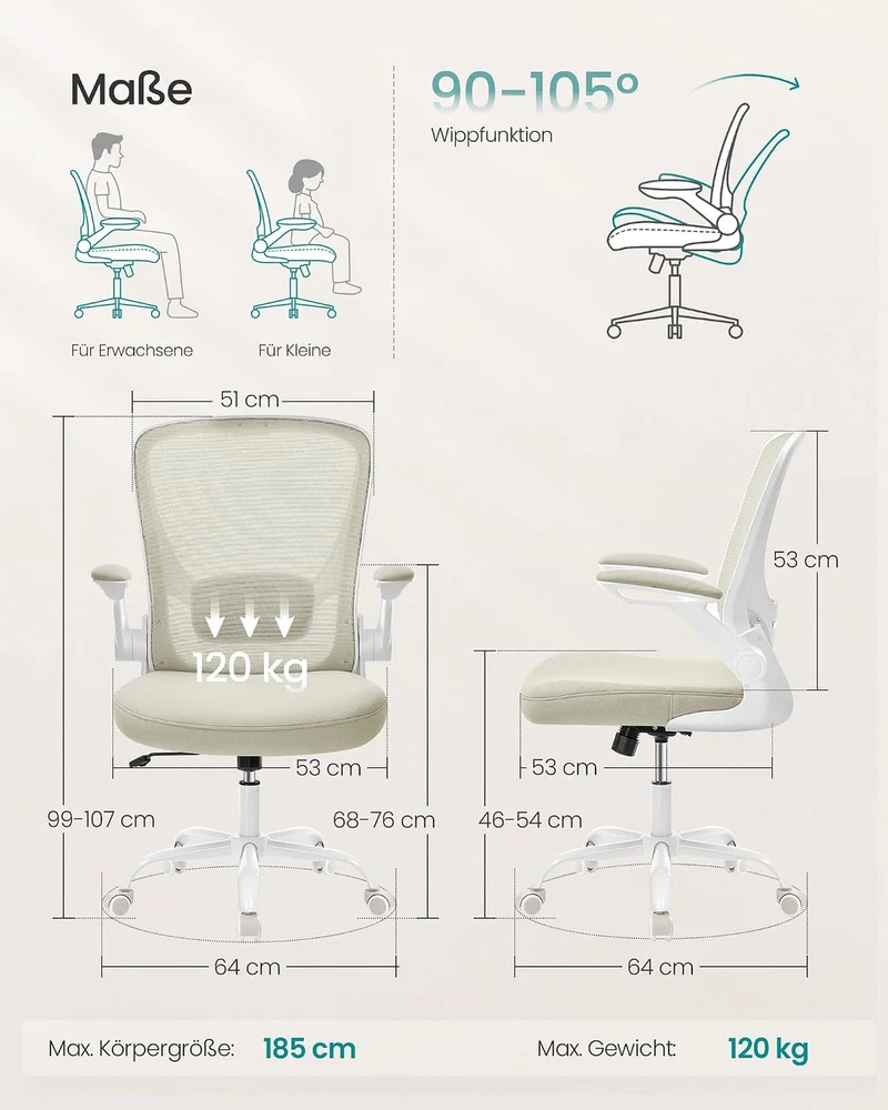 SONGMICS Bürostuhl ergonomisch, Drehstuhl mit Mesh, Lenden- und Kopfstütze, Wippfunktion, inklusive