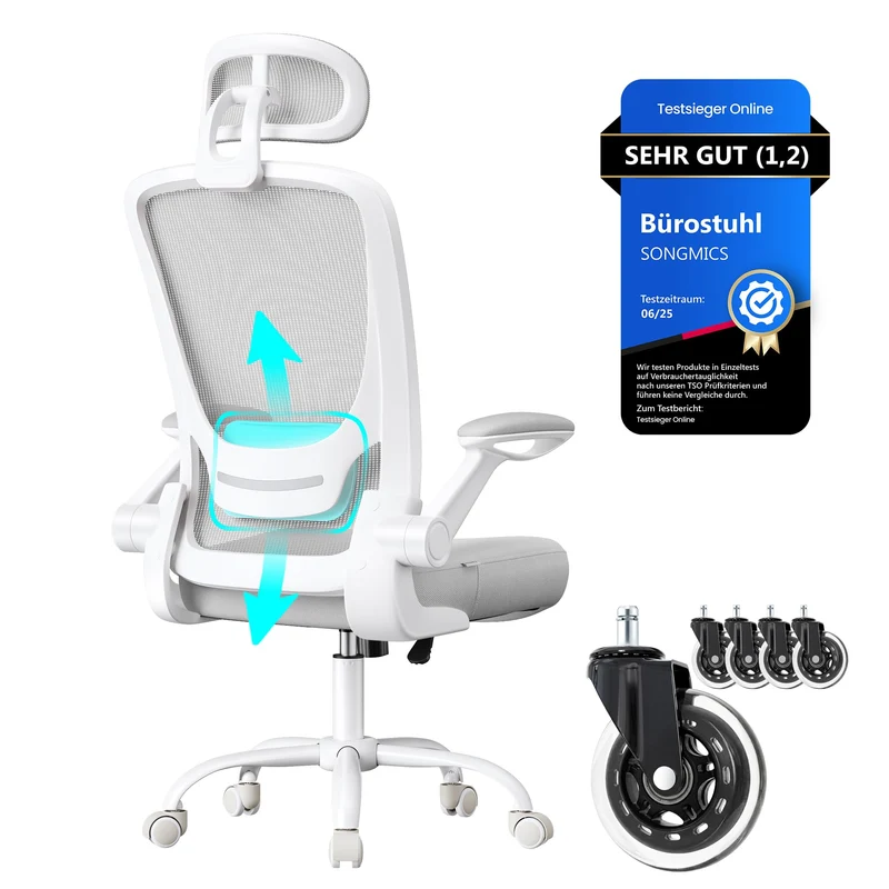 SONGMICS Bürostuhl ergonomisch, Drehstuhl mit Mesh, Lenden- und Kopfstütze, Wippfunktion, inklusive
