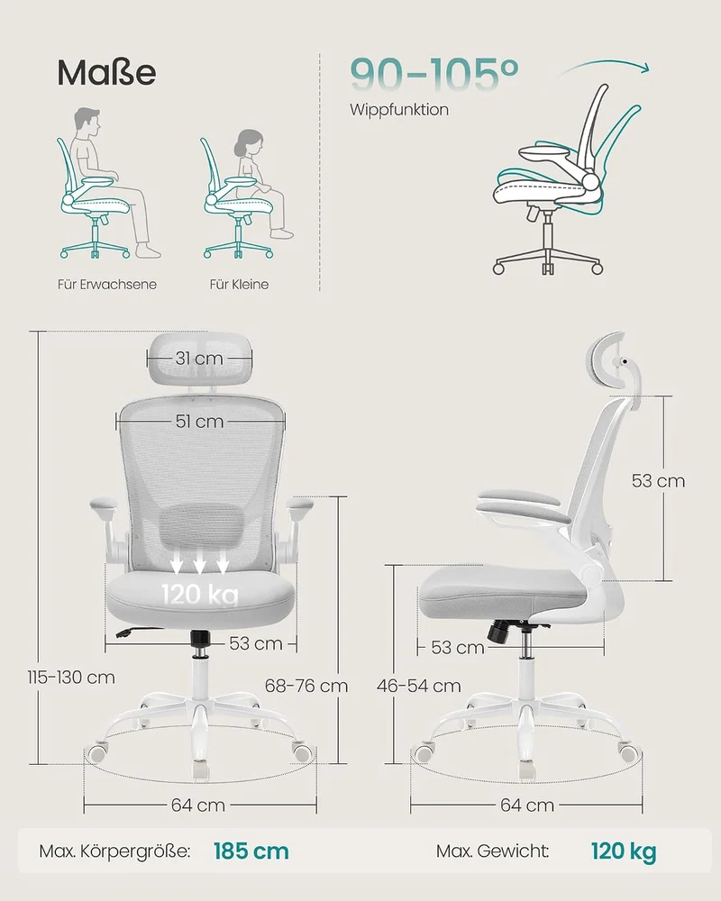 SONGMICS Bürostuhl ergonomisch, Drehstuhl mit Mesh, Lenden- und Kopfstütze, Wippfunktion, inklusive