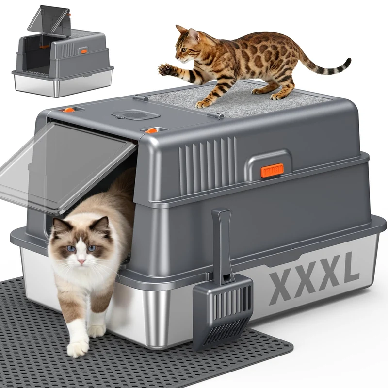 Edelstahl Katzentoilette Geschlossen XXXL Kratzmatte Oben, Dunkelgrau Dunkelgrau XXXL 1, Dunkelgrau