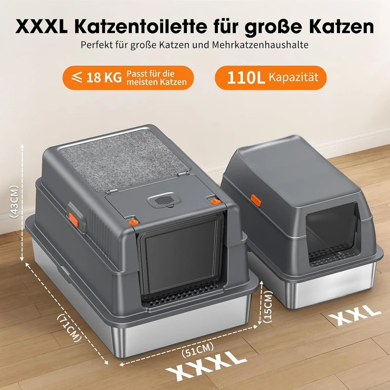 Edelstahl Katzentoilette Geschlossen XXXL Kratzmatte Oben, Dunkelgrau Dunkelgrau XXXL 1, Dunkelgrau