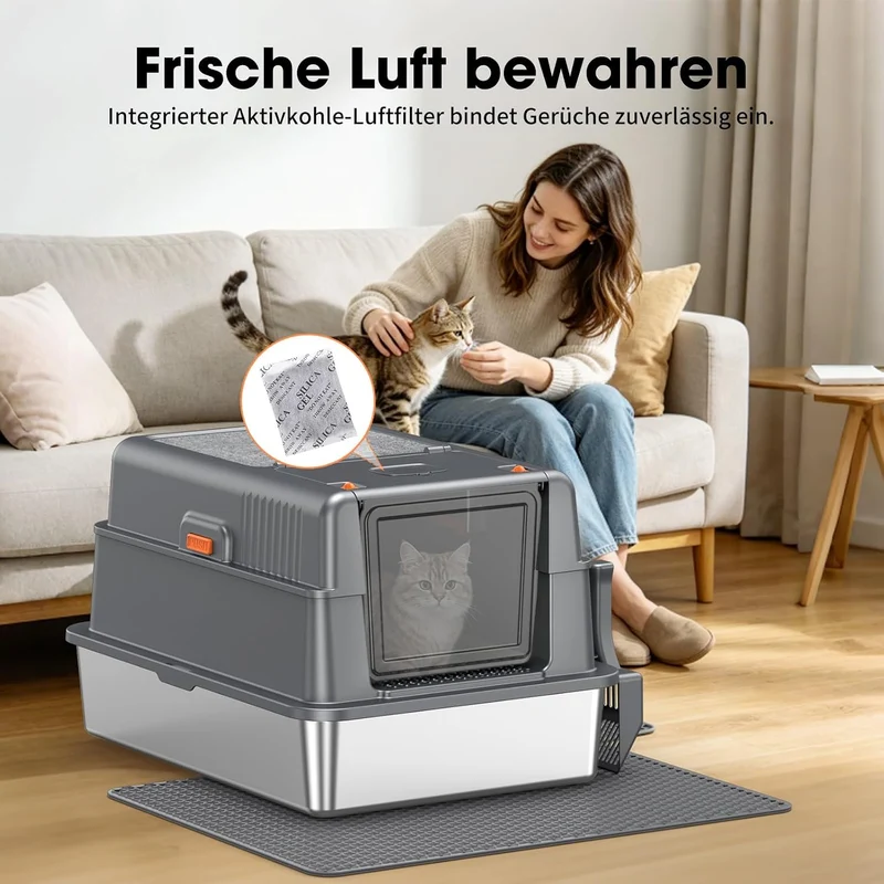 Edelstahl Katzentoilette Geschlossen XXXL Kratzmatte Oben, Dunkelgrau Dunkelgrau XXXL 1, Dunkelgrau