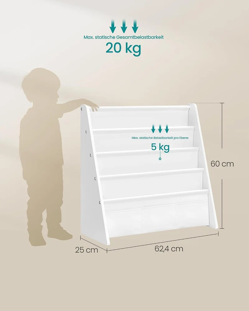 SONGMICS Bücherregal Kinder, mit 4 Ebenen, 62,4 x 25 x 60 cm Wolkenweiss, Wolkenweiss
