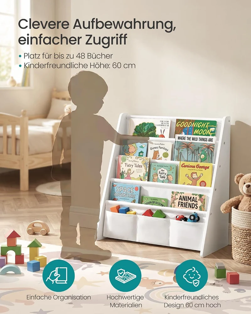 SONGMICS Bücherregal Kinder, mit 4 Ebenen, 62,4 x 25 x 60 cm Wolkenweiss, Wolkenweiss