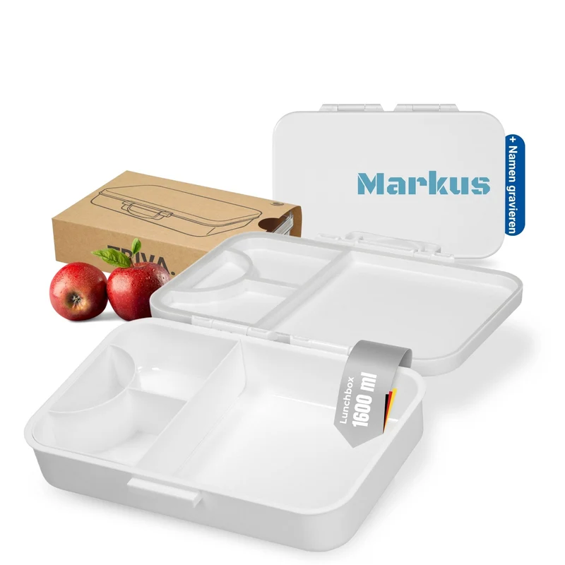 Personalisierte Lunchbox Triva - Tritan Brotdose mit Fächern in Weiss robust Weiss + Wunschtext, Wei
