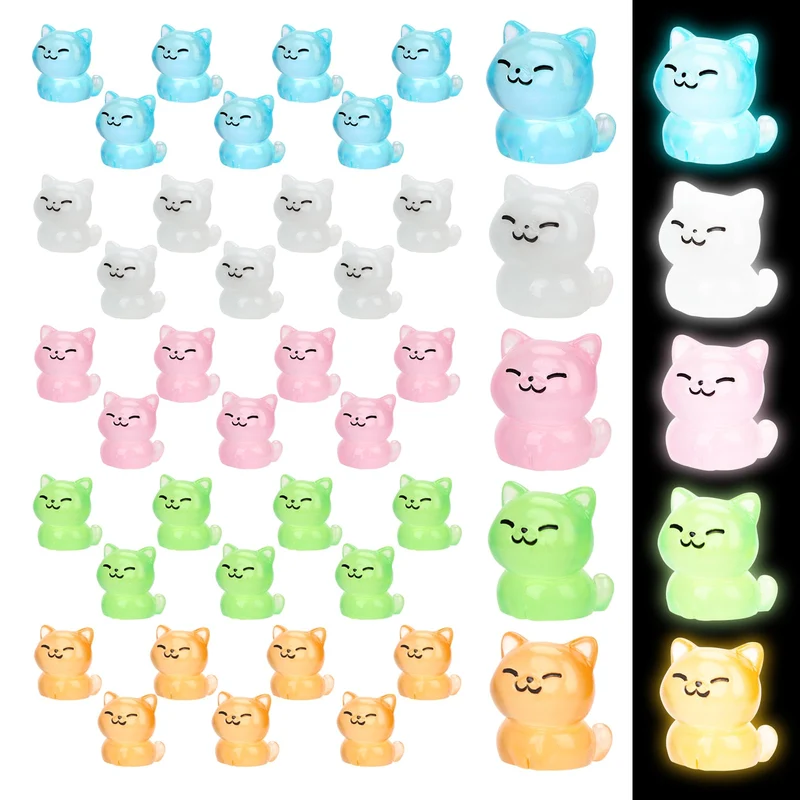 50 Stück Leuchtende Miniaturkatze, 5 Farben Mini-Katze aus Kunstharz Winzige Miniatur-Katzenstatuen
