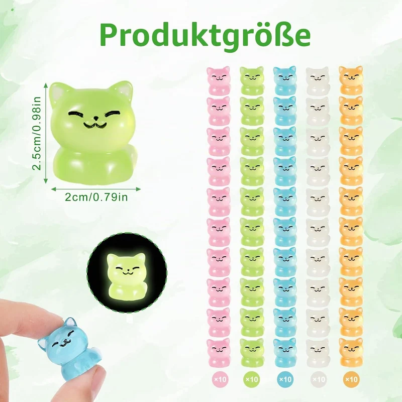 50 Stück Leuchtende Miniaturkatze, 5 Farben Mini-Katze aus Kunstharz Winzige Miniatur-Katzenstatuen