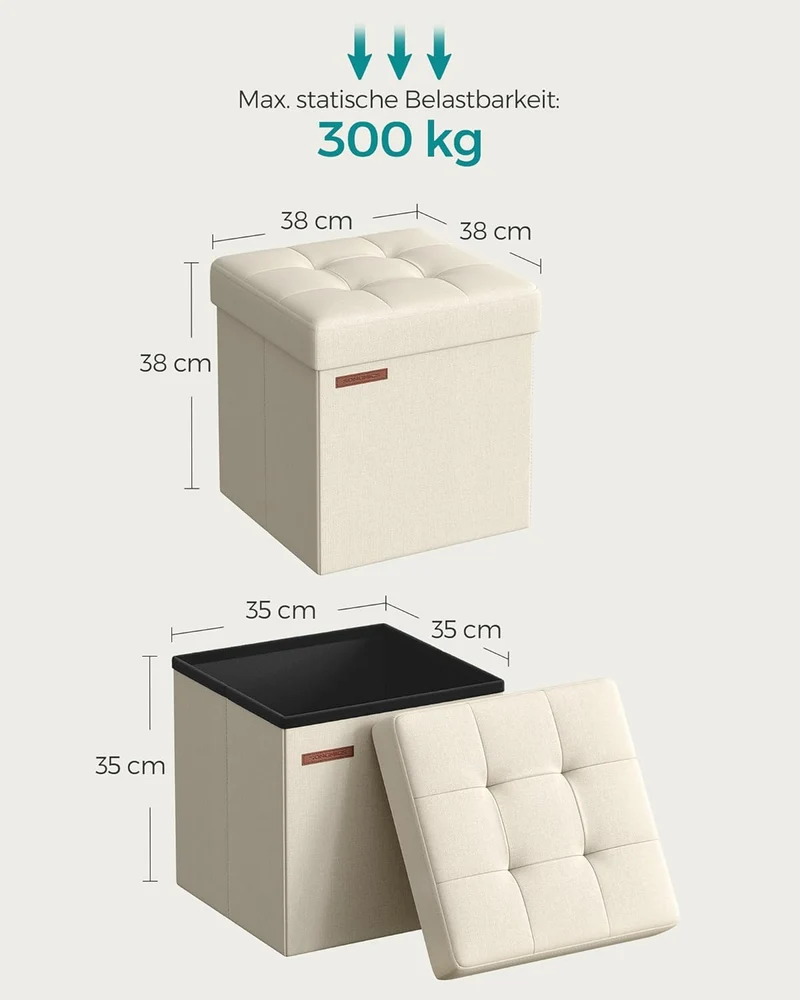 SONGMICS 38 cm Sitzbank mit Stauraum, klappbare Sitztruhe, Aufbewahrungsbox, Fussbank, cremeweiss LS