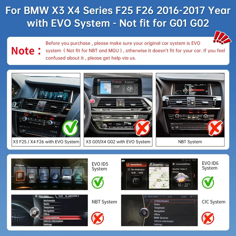 Road Top 12,3 Zoll Autoradio Carplay für BMW X3 X4 F25 F26 mit EVO (2016-2017)