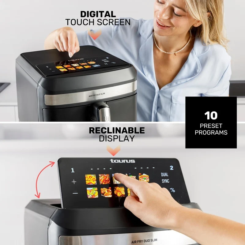 Taurus Fritteuse ohne Öl Duo Slim | 13 l | 14 Personen | 2 Körbe | kocht 2 Teller gleichzeitig | 10