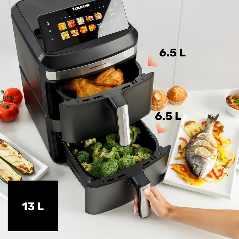 Taurus Fritteuse ohne Öl Duo Slim | 13 l | 14 Personen | 2 Körbe | kocht 2 Teller gleichzeitig | 10