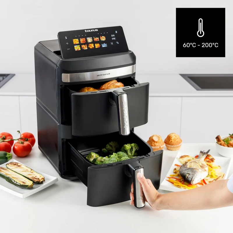 Taurus Fritteuse ohne Öl Duo Slim | 13 l | 14 Personen | 2 Körbe | kocht 2 Teller gleichzeitig | 10