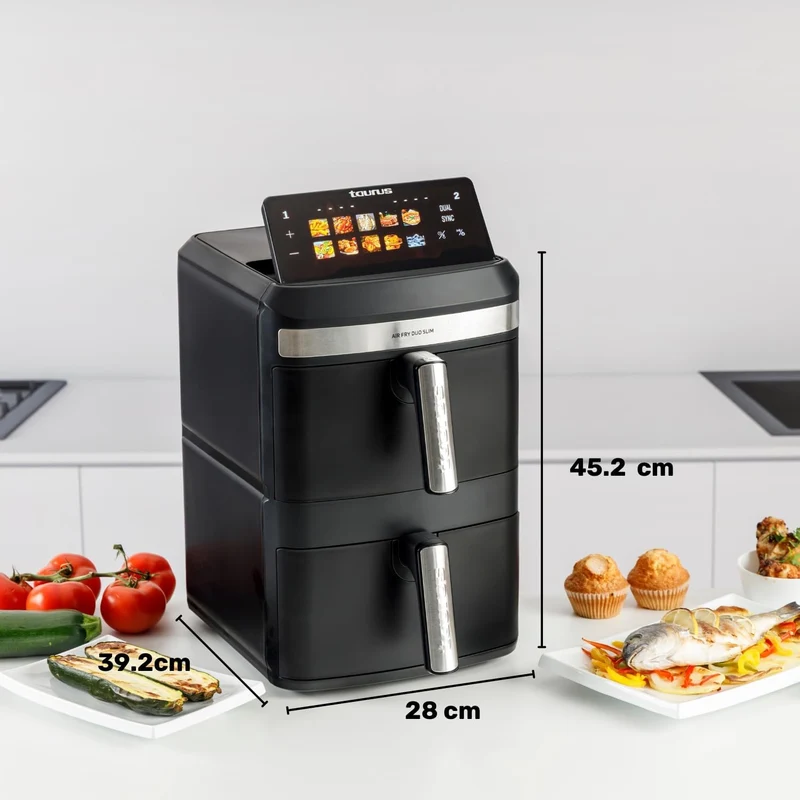 Taurus Fritteuse ohne Öl Duo Slim | 13 l | 14 Personen | 2 Körbe | kocht 2 Teller gleichzeitig | 10