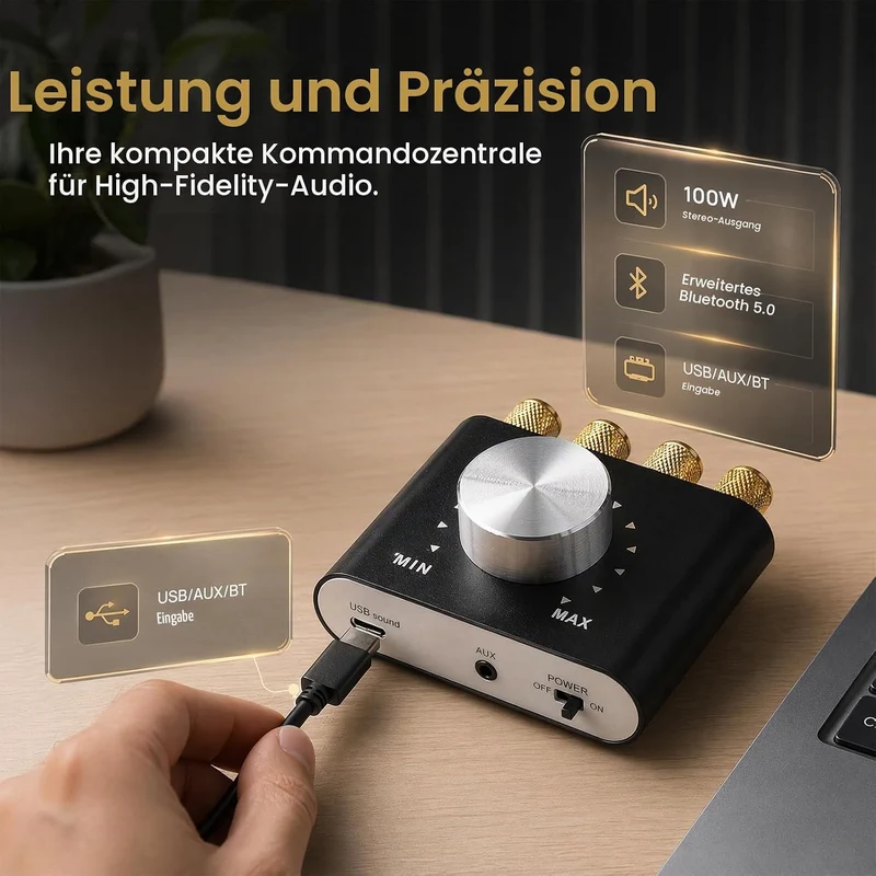 100W Mini Verstärker Bluetooth, Digital Power Amplifier HiFi Stereo Verstärker mit Netzteil, DC 12V-