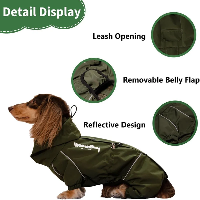 Regenmantel für Dackel, wasserdicht, 4-Bein-Jacke mit abnehmbarem Bauchklappe, leicht, reflektierend