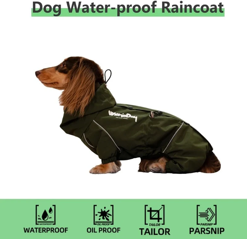 Regenmantel für Dackel, wasserdicht, 4-Bein-Jacke mit abnehmbarem Bauchklappe, leicht, reflektierend