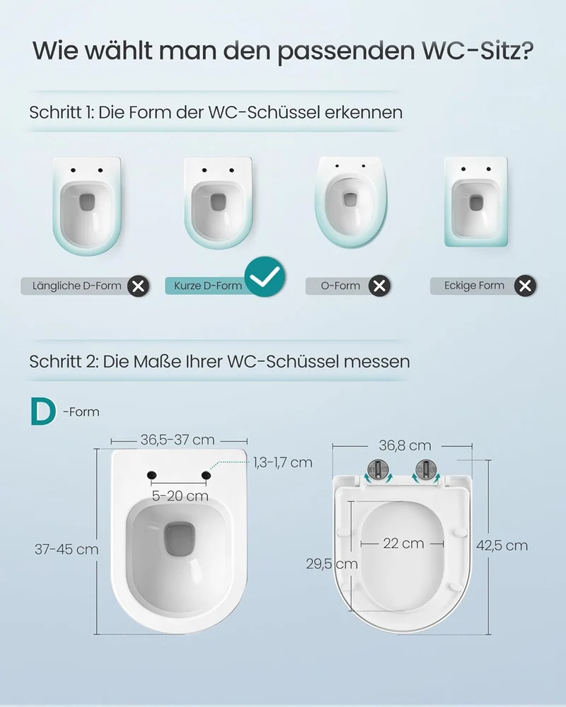 SONGMICS Toilettendeckel, kurze D-Form, mit Absenkautomatik, Griff, WC Sitz D-Form Kurze, D-Form Kur