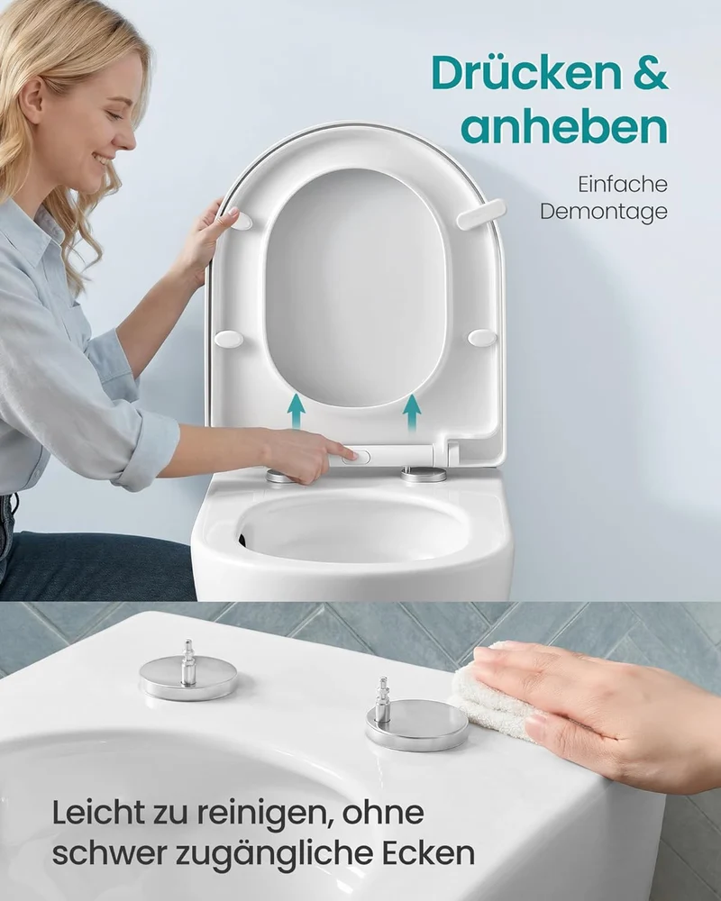SONGMICS Toilettendeckel, kurze D-Form, mit Absenkautomatik, Griff, WC Sitz D-Form Kurze, D-Form Kur