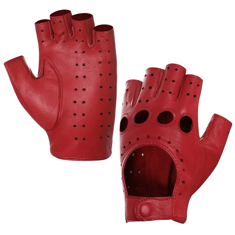 Harssidanzar Damen fingerlose Lederhandschuhe Schaffell Single Line GL012 S Rot, S Rot