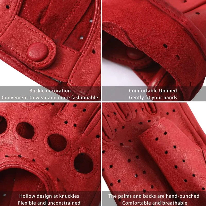 Harssidanzar Damen fingerlose Lederhandschuhe Schaffell Single Line GL012 S Rot, S Rot