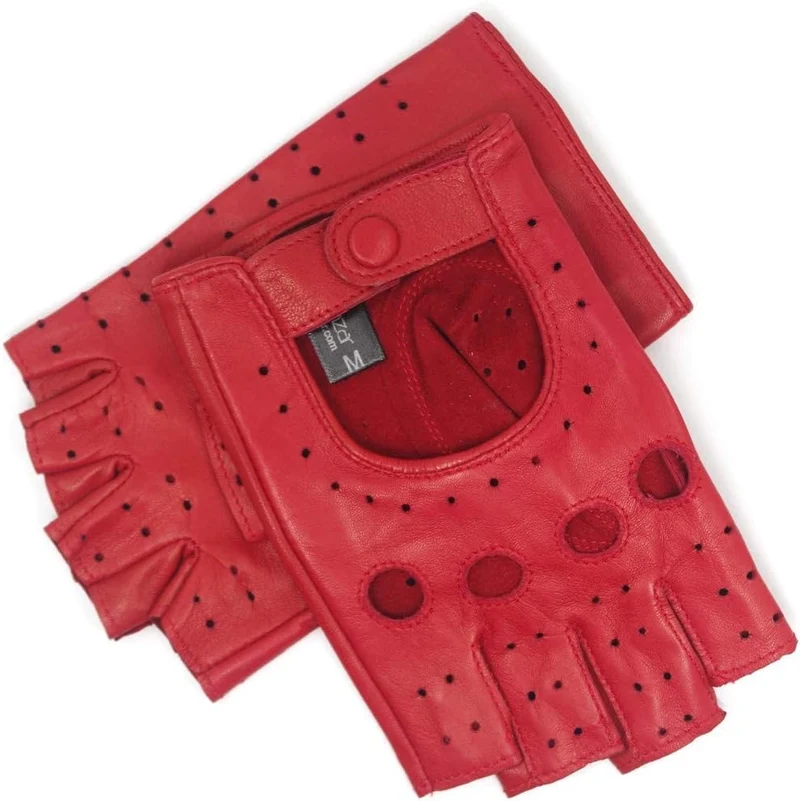 Harssidanzar Damen fingerlose Lederhandschuhe Schaffell Single Line GL012 S Rot, S Rot