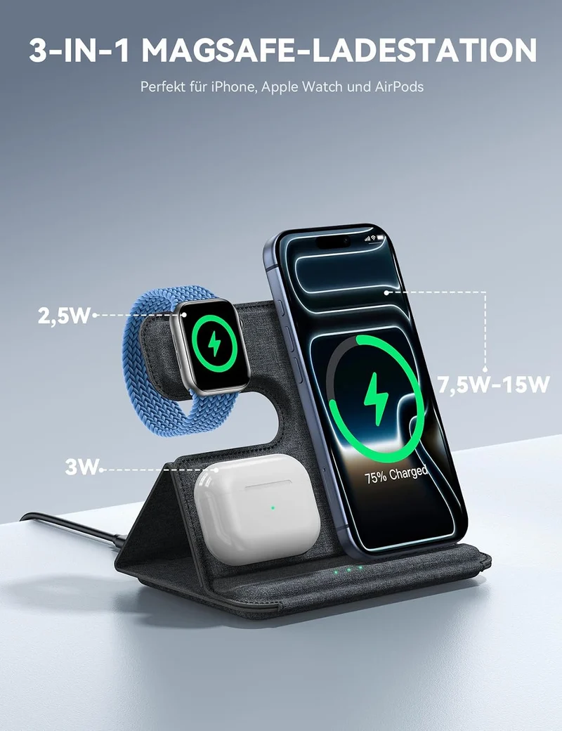 Lamicall 3 IN 1 Ladestation Apple Watch und iPhone, Für MagSafe Ladegerät Grau, Grau