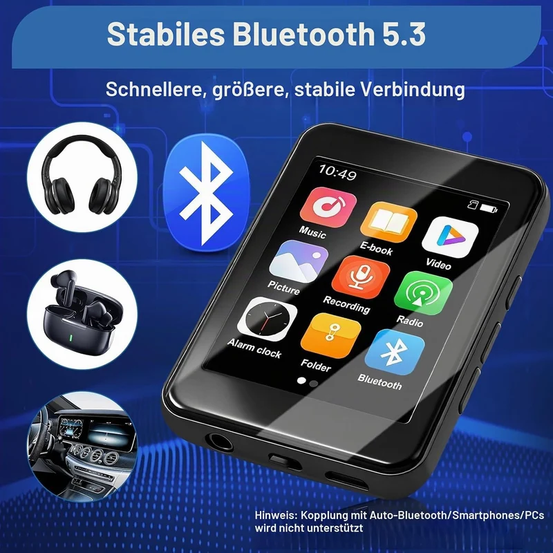 MP4 Player 64 GB, Bluetooth 5.3 2,4 Zoll Touchscreen Tragbarer MP4-Player