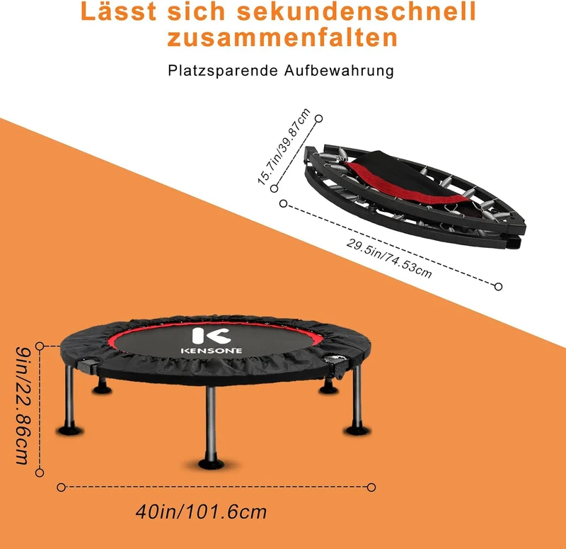 Faltbares Mini Trampolin mit verstellbarem Handlauf, 101.6CM Fitness Trampolin leiser Rebounder für