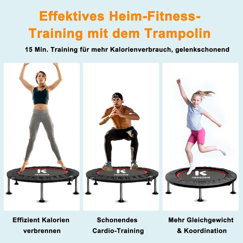Faltbares Mini Trampolin mit verstellbarem Handlauf, 101.6CM Fitness Trampolin leiser Rebounder für