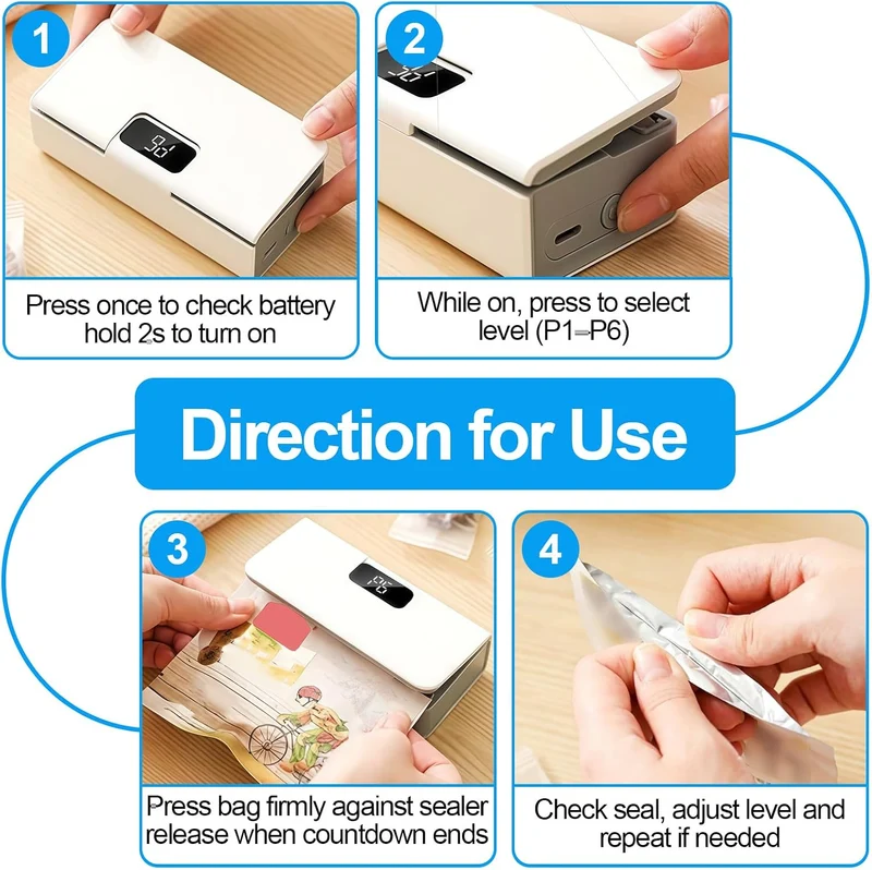 Mini Folienschweissgerät USB-C Aufladbar, 2 in 1 Tütenverschweisser mit Cutter, 6 Verstellbaren Gäng