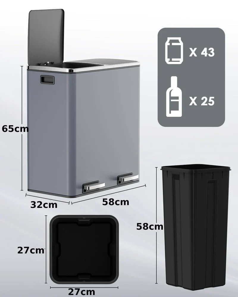 Clevich Mülleimer Küche, 2 x 30 Liter, 2 Fächer, Mülltrennsystem 60L, 2 pcs Kunststoff Inneneimer, S