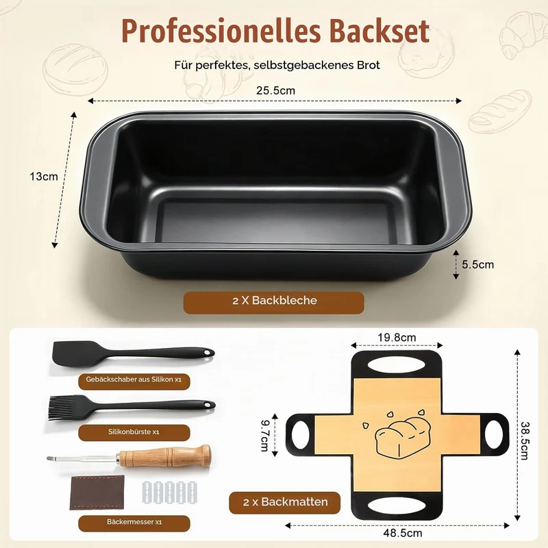2 Stück Brotbackform Kasten Set, Kastenform Brot 25x13x6cm mit 2 Backmatte Antihaft, Rechteckig Brot