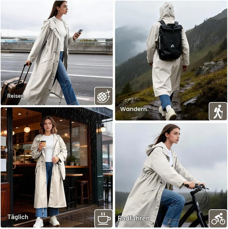 LAMA Stilvoller langer Regenmantel Unisex Regenponcho mit Wasserdichte Pattentasche Kapuze Tunnelzug